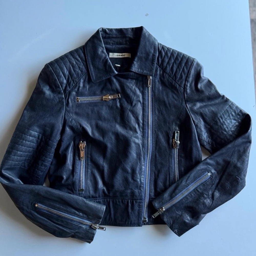 J Brand Moto Leather Jacket Cropped Biker Style Dark Navy Size M